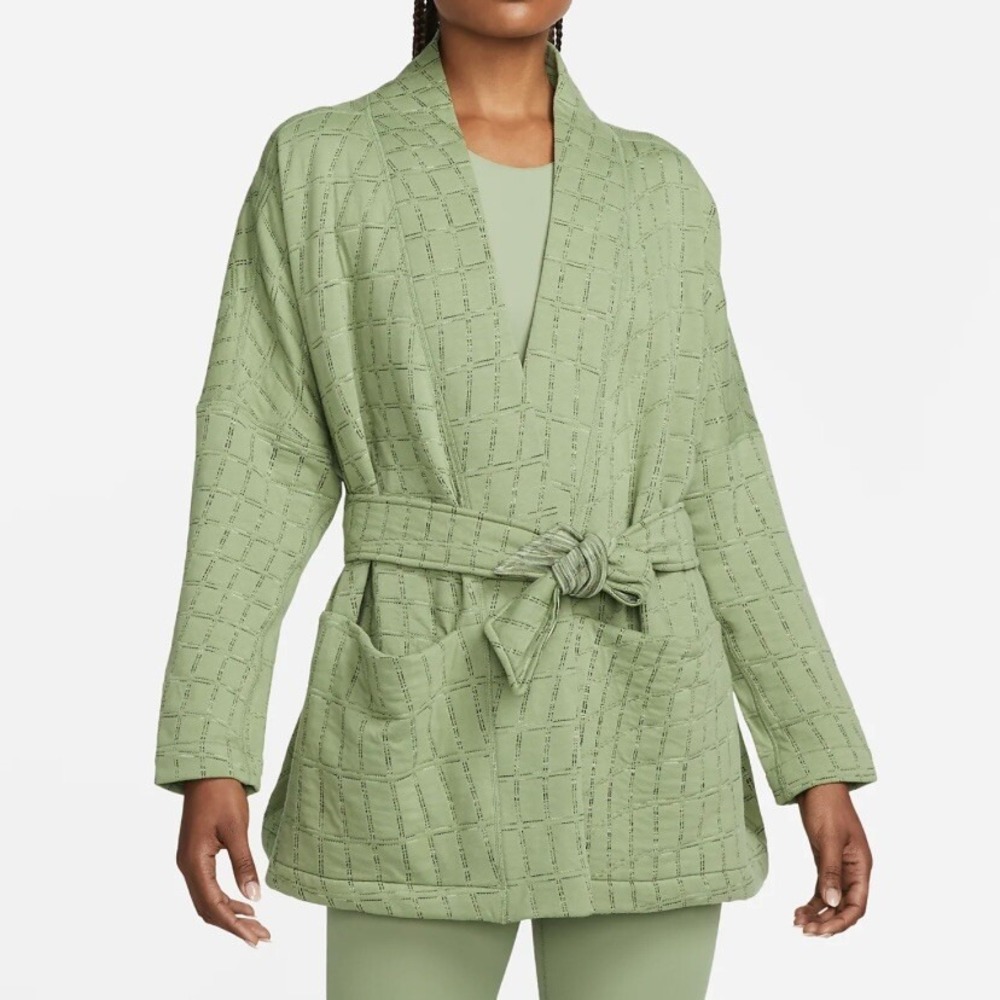 Nike Yoga Therma-FIT Luxe Robe Women's 1X Oil Green Jacquard Tie Front NEW